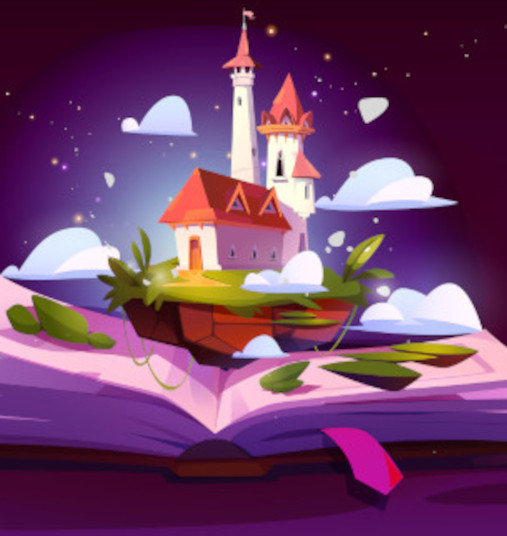 Fairytale castle on open book pages. Vector cartoon illustration of fantasy royal palace with towers on green floating island with sparkling clouds, story about magic kingdom, reading fun concept