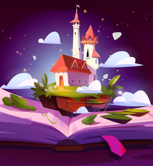 Fairytale castle on open book pages. Vector cartoon illustration of fantasy royal palace with towers on green floating island with sparkling clouds, story about magic kingdom, reading fun concept